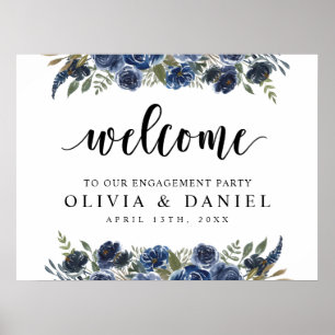 Navy Blue Greenery Engagement Party Welcome Poster