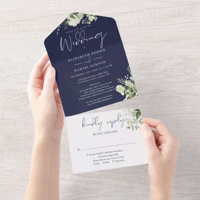 Navy Blue Greenery Floral Details RSVP Wedding All In One Invitation (Tearaway)