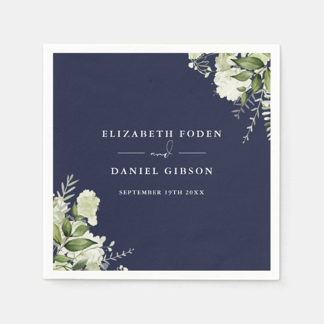 Navy Blue Greenery Floral Elegant Names Date Napkin (Front)