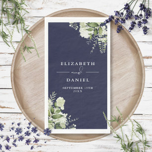 Navy Blue Greenery Floral Elegant Wedding Napkin