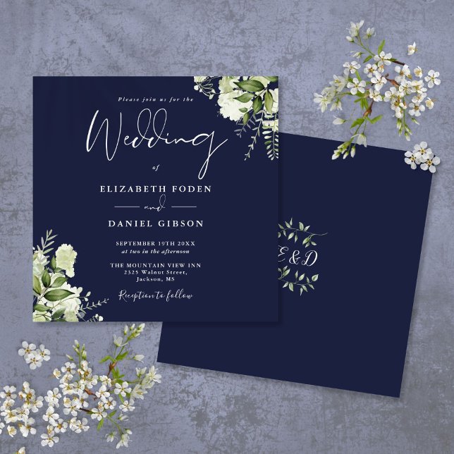 Navy Blue Greenery Floral Monogram Square Wedding Invitation (Navy Blue Greenery Floral Monogram Square Wedding Invitation)