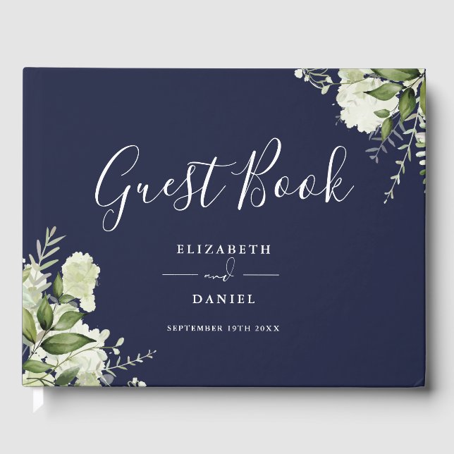 Navy Blue Greenery Floral Photo Wedding Guest Book (Front)