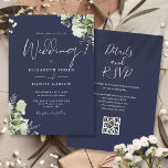 Navy Blue Greenery Floral QR Code Wedding Invitation<br><div class="desc">This elegant navy blue botanical greenery leaves wedding invitation can be personalised with your information in chic typography with your wedding website details and your QR code on the reverse. Designed by Thisisnotme©</div>