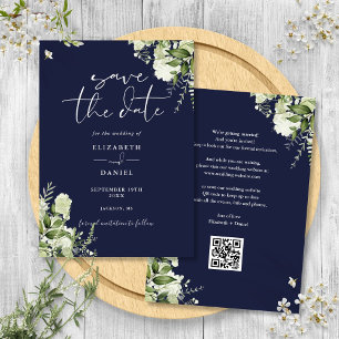 Navy Blue Greenery Floral QR Code Wedding Save The Date