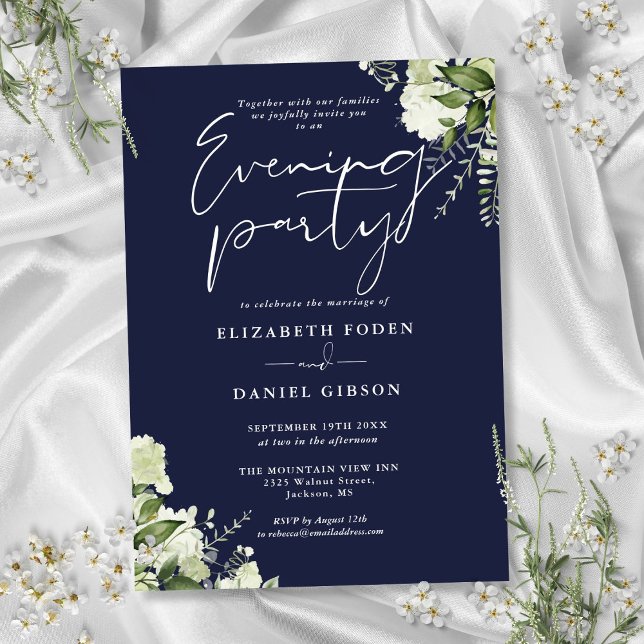 Navy Blue Greenery Floral Wedding Evening Party Invitation (Navy Blue Greenery Floral Wedding Evening Party Invitation)