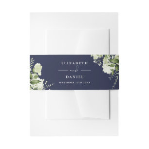 Navy Blue Greenery Floral Wedding Invitation Belly Band