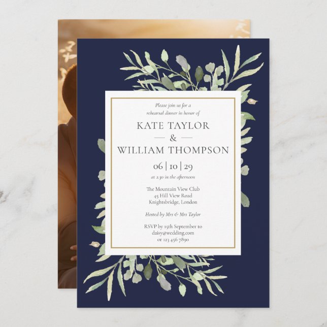 Navy Blue Greenery Foliage Photo Rehearsal Dinner Invitation (Front/Back)