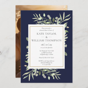 Navy Blue Greenery Foliage Photo Rehearsal Dinner Invitation
