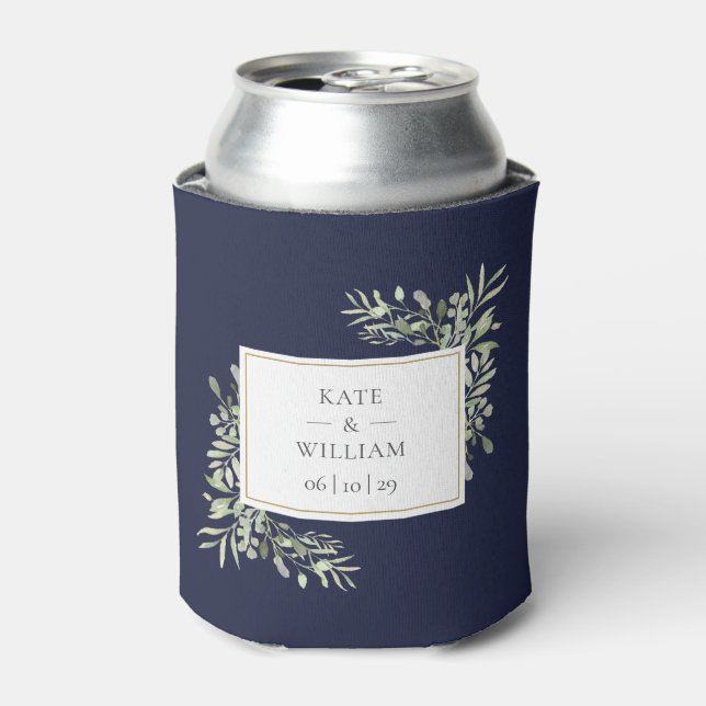 Navy Blue Greenery Foliage Wedding Can Cooler (Can Front)