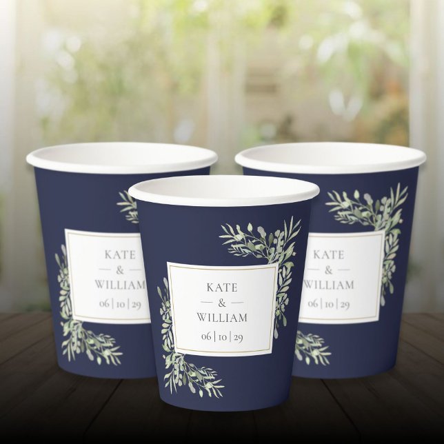 Navy Blue Greenery Foliage Wedding Paper Cups (Navy Blue Greenery Foliage Wedding Paper Cups)