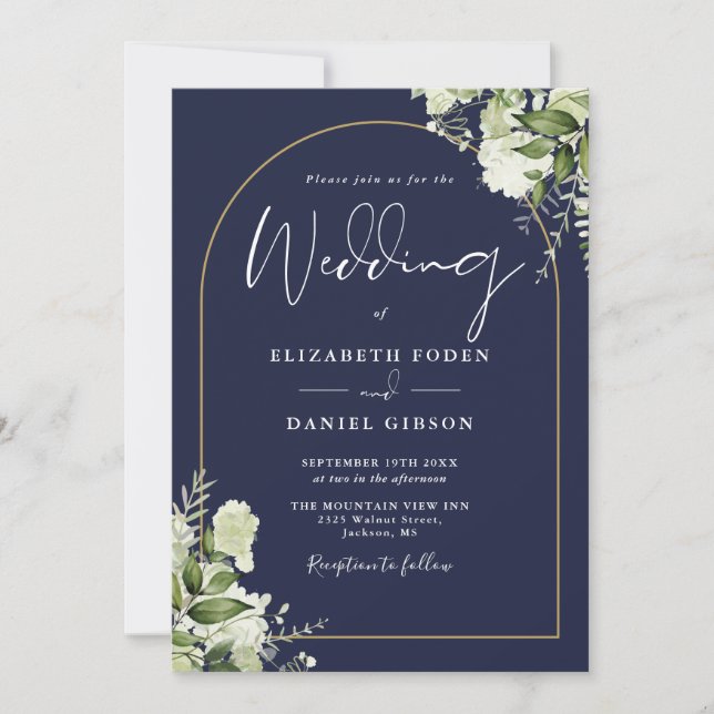 Navy Blue Greenery Gold Arch Monogram Wedding Invitation (Front)