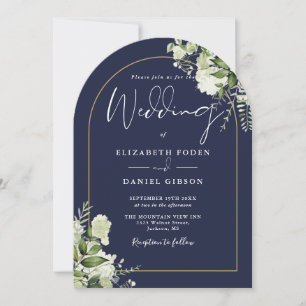 Navy Blue Greenery Gold Arch Monogram Wedding Invitation