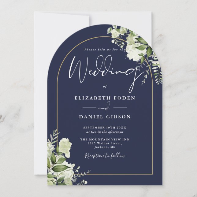 Navy Blue Greenery Gold Arch Monogram Wedding Invitation (Front)