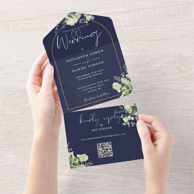 Navy Blue Greenery Gold Arch QR Code Wedding All In One Invitation (Tearaway)