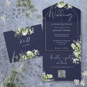 Navy Blue Greenery Gold Arch QR Code Wedding All In One Invitation