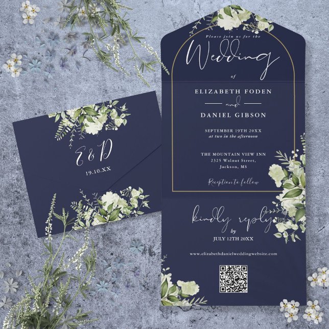 Navy Blue Greenery Gold Arch QR Code Wedding All In One Invitation (Navy Blue Greenery Gold Arch QR Code Wedding All In One Invitation)