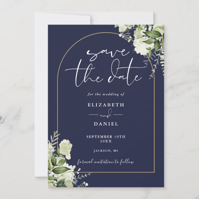 Navy Blue Greenery Gold Arch QR Code Wedding Save The Date (Front)