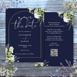Navy Blue Greenery Gold Arch QR Code Wedding Save The Date