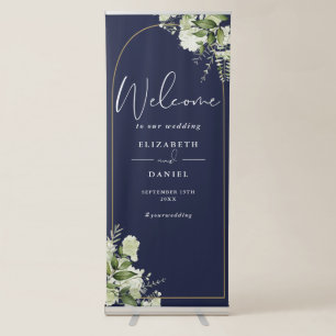 Navy Blue Greenery Gold Arch Wedding Welcome Retractable Banner
