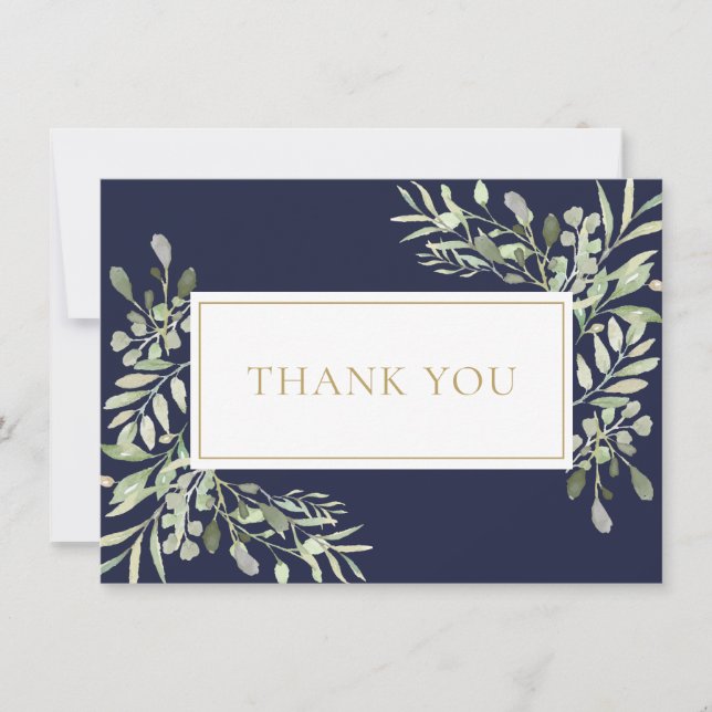 Navy Blue Greenery Gold Funeral Memorial Thank You Card (Front)