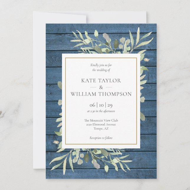 Navy Blue Greenery Gold Rustic Wedding Invitation (Front)