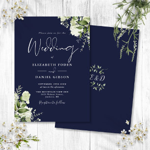 Navy Blue Greenery Leaves Monogram Wedding Invitation