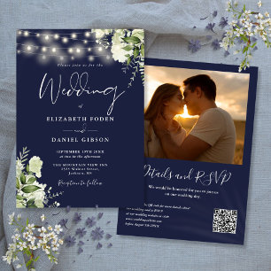 Navy Blue Greenery Lights QR Code Photo Wedding Invitation