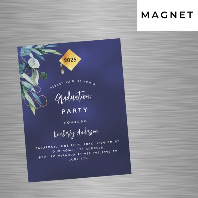 Navy blue greenery luxury graduation party 2025 magnetic invitation (Creator Uploaded)