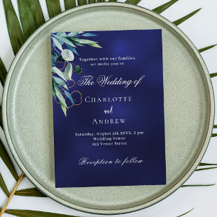 Navy blue greenery luxury wedding invitation