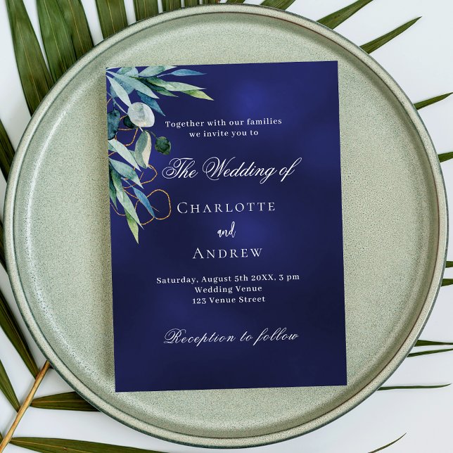 Navy blue greenery luxury wedding invitation (Creator Uploaded)