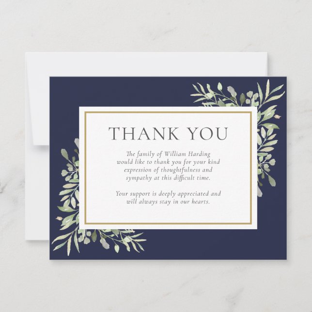 Navy Blue Greenery Memorial Funeral Photo Thank You Card (Front)