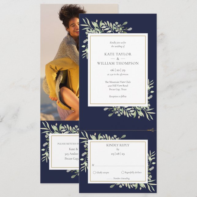 Navy Blue Greenery Modern All In One Photo Wedding Invitation (Front/Back)