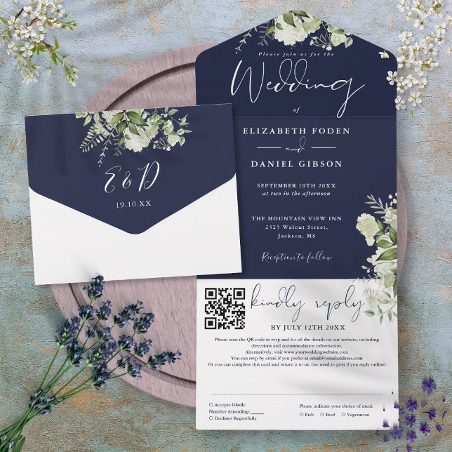 Navy Blue Greenery Monogram QR Code Wedding All In One Invitation (Navy Blue Greenery Monogram QR Code Wedding All In One Invitation)