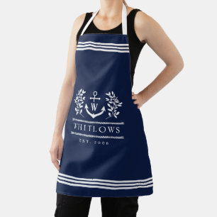Navy Blue Greenery Nautical Monogram Lake House Apron
