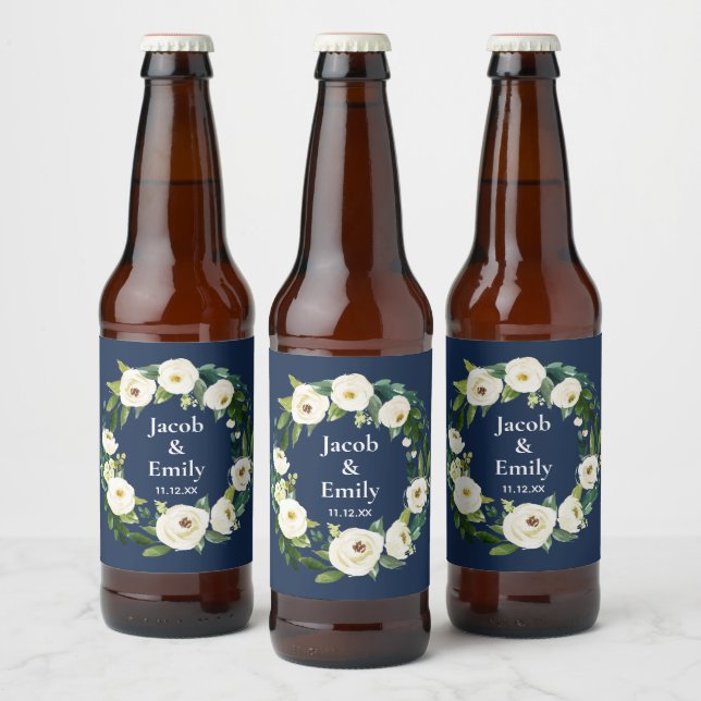 Navy Blue Greenery Personalised Names Date Wedding Beer Bottle Label (Bottles)