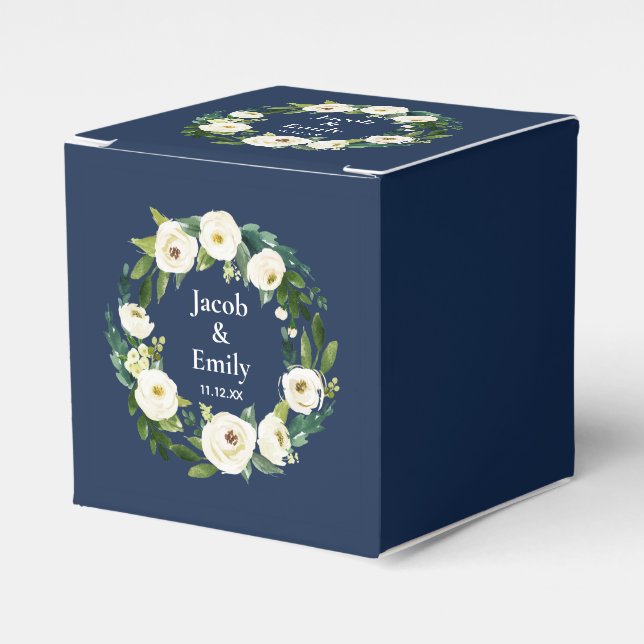 Navy Blue Greenery Personalised Names Date Wedding Favour Box (Front Side)