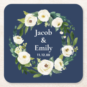 Navy Blue Greenery Personalised Names Date Wedding Square Paper Coaster