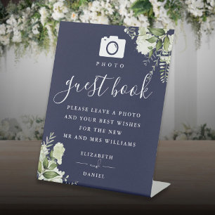 Navy Blue Greenery Photo Guest Book Wedding Pedestal Sign
