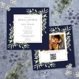 Navy Blue Greenery Photo QR Code Bridal Shower Invitation