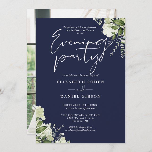 Navy Blue Greenery Photo Wedding Evening Party Invitation (Front/Back)