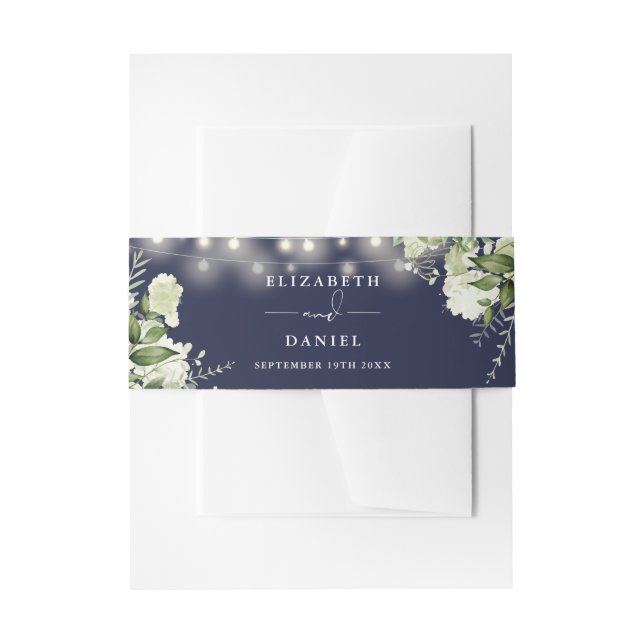 Navy Blue Greenery String Lights Wedding Invitation Belly Band (Front Example)