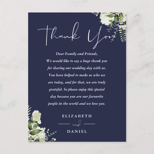 Navy Blue Greenery Thank You Wedding Place Card (Front)