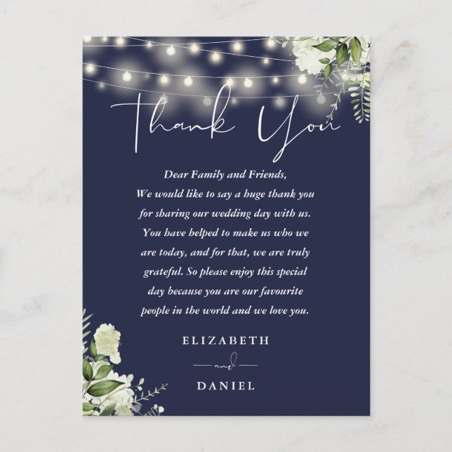 Navy Blue Greenery Thank You Wedding Place Card (Front)