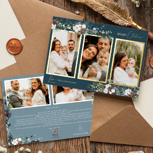 Navy Blue Greenery Vintage Five Photo Collage Foil Holiday Card