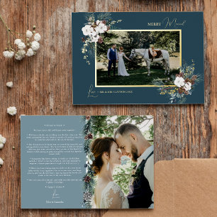 Navy Blue Greenery Vintage Merry Married Photo Foil Holiday Card