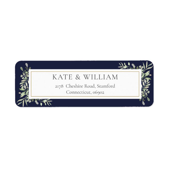 Navy Blue Greenery Watercolor Foliage Address (Front)
