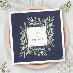 Navy Blue Greenery Watercolor Wedding Napkin
