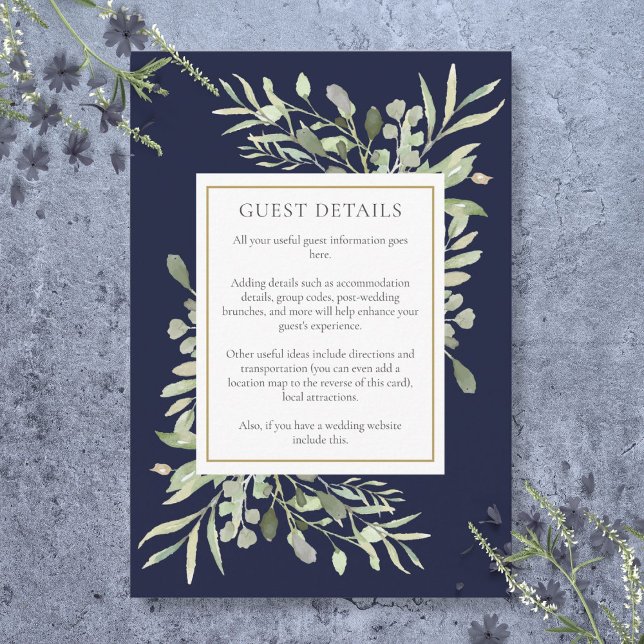Navy Blue Greenery Wedding Accommodation Details Enclosure Card (Navy Blue Greenery Wedding Accommodation Details Enclosure Card)