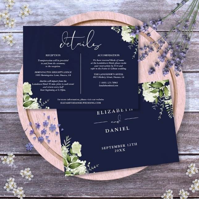 Navy Blue Greenery Wedding Details Information Invitation (Navy Blue Greenery Wedding Details Information Invitation)
