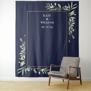 Navy Blue Greenery Wedding Photo Booth Backdrop Tapestry